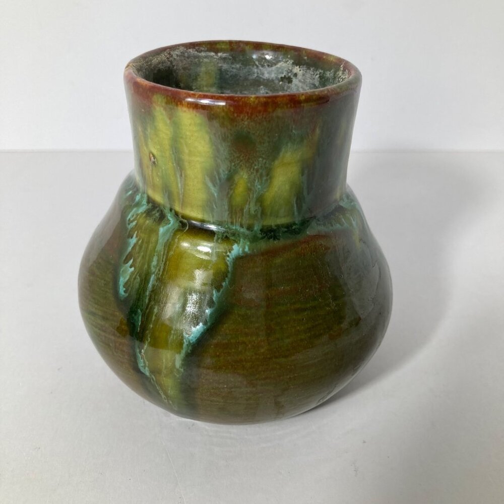 Vintage 1980 Cherokee Pottery Drip Glaze Vase Pot‎ Green Brown 3.5" Signed